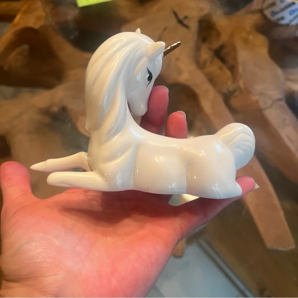 Vintage Enesco Porcelain Figurine White Unicorn With Gold Horn Decor